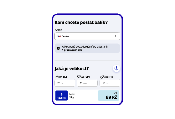 Výběr země doručení a zadání parametrů balíku