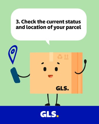 Illustration of a GLS parcel holding a phone and location pin, representing how to check the current status and location of a shipment.