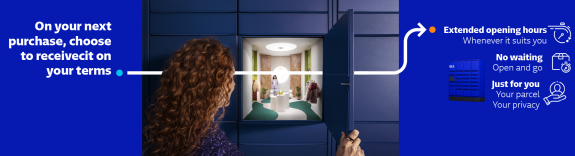 GLS promotional banner showing a person collecting a parcel from an automated parcel locker.