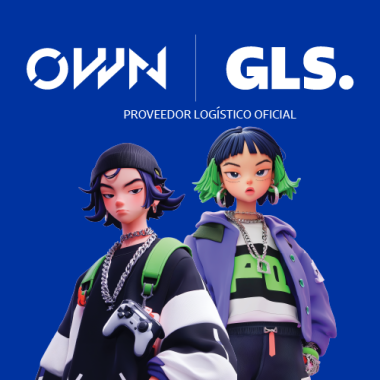 Ilustración de dos personajes estilo gaming en el OWN Festival de Valencia sobre fondo azul corporativo