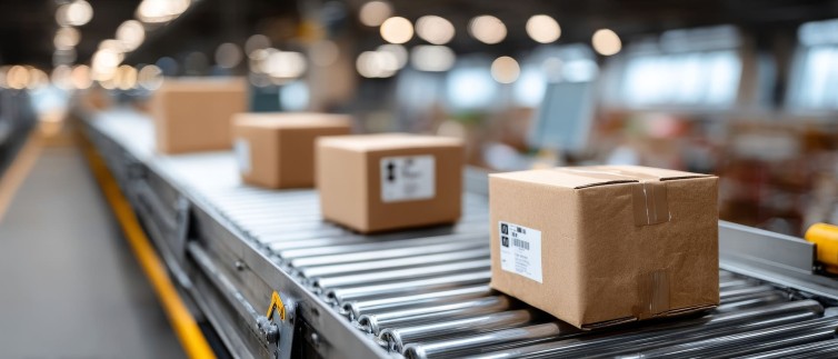 Cajas transportadas en cinta correctamente etiquetadas y embaladas